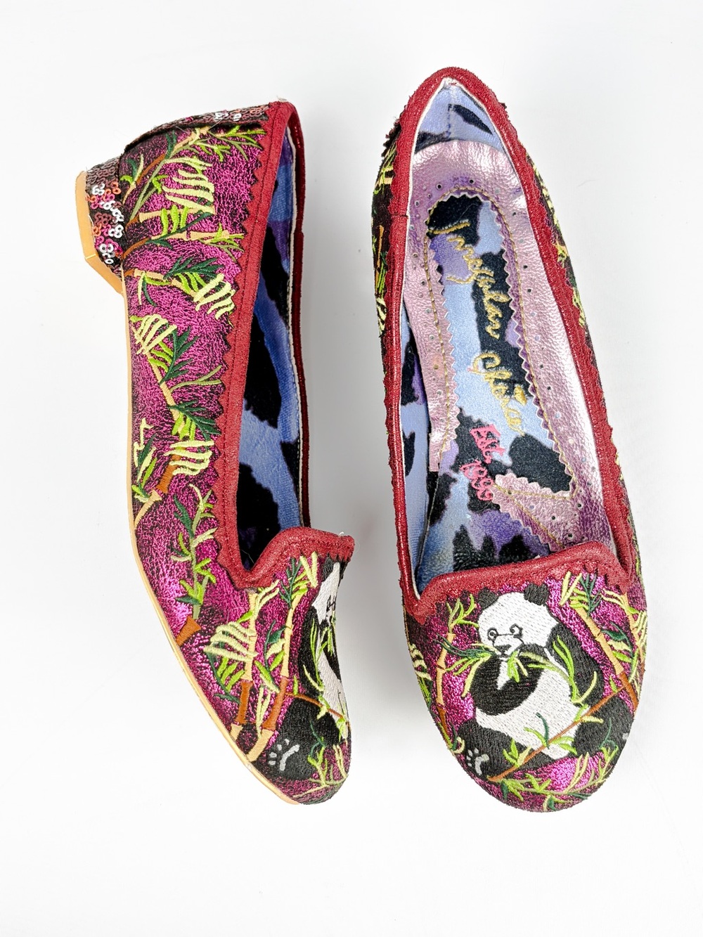 Irregular Choice Panda Pop Loafers Red Gold Embroidered Flats